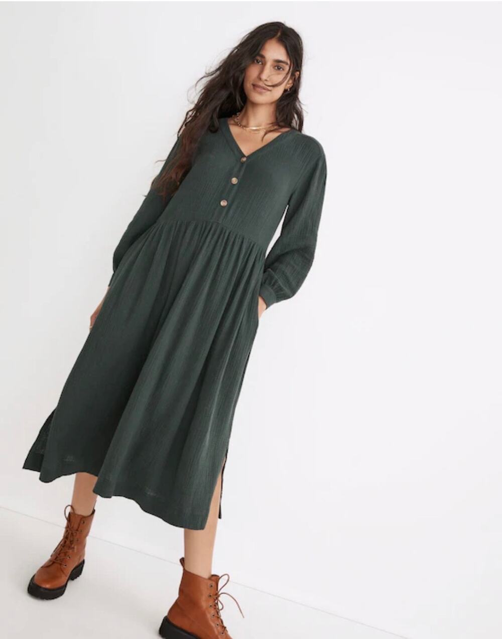 MADEWELL Lightspun Button-Front Midi Shirt Dress Dark Palm NH066